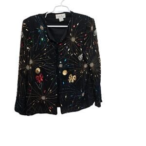 Laurence Kazar Vintage Black Silk Beaded Sequin Fireworks Evening Jacket